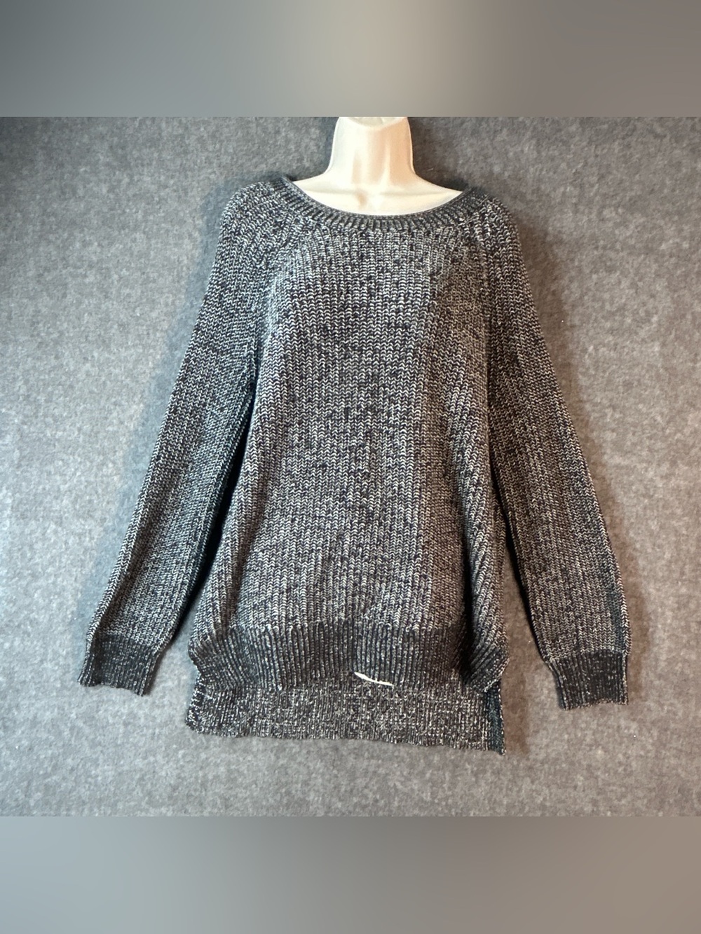 Ellen Tracy Sweater Womens Large Black Marl Knit Raglan High Low Hem Pullover